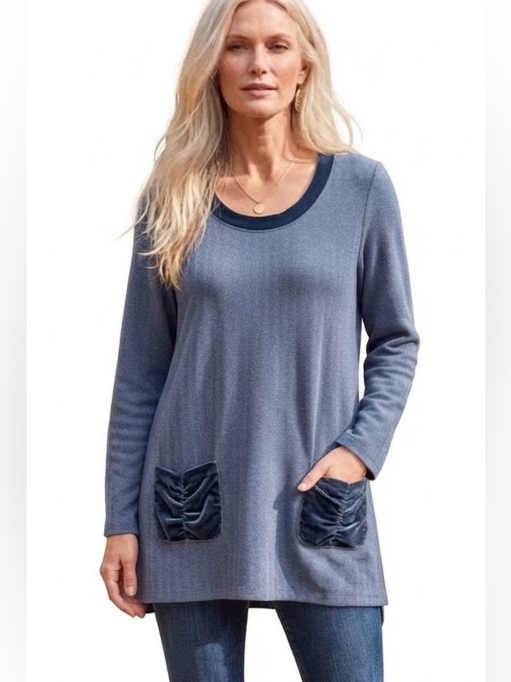 Soft Surroundings Blue Velvet-Trim Tunic with velvet blue front pockets